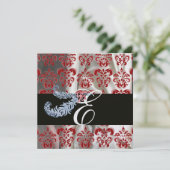 DIAMOND FEATHER RED WHITE ICE SILK DAMASK MONOGRAM EINLADUNG (Stehend Vorderseite)