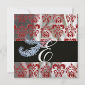 DIAMOND FEATHER RED WHITE ICE SILK DAMASK MONOGRAM EINLADUNG (Vorderseite)