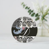 DIAMOND FEATHER SCHWARZ-WEISS SILK DAMASK MONOGRAM EINLADUNG (Stehend Vorderseite)
