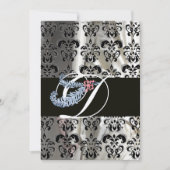 DIAMOND FEATHER SILVER BLACK SILK DAMASK MONOGRAMM EINLADUNG (Vorderseite)