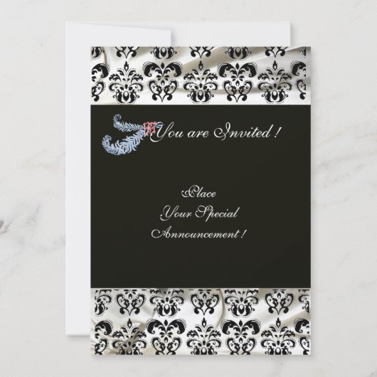 DIAMOND FEATHER SILVER BLACK SILK DAMASK MONOGRAMM EINLADUNG (Rückseite)