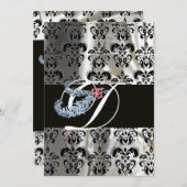 DIAMOND FEATHER SILVER BLACK SILK DAMASK MONOGRAMM EINLADUNG (Vorne/Hinten)
