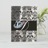 DIAMOND FEATHER WHATHER BLACK SILK DAMASK MONOGRAM EINLADUNG (Stehend Vorderseite)