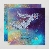 DIAMOND FEATHERS, blaue Turquase goldfarbene Glitz Einladung (Vorne/Hinten)