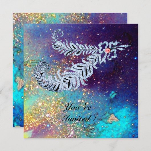 DIAMOND FEATHERS, blaue Turquase goldfarbene Glitz Einladung (Vorne/Hinten)