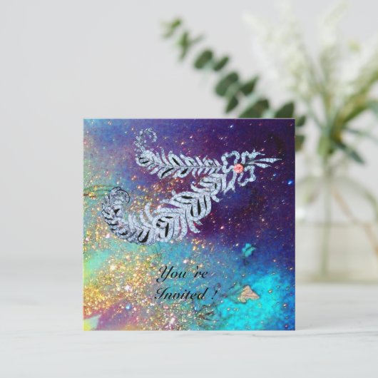 DIAMOND FEATHERS, blaue Turquase goldfarbene Glitz Einladung (Stehend Vorderseite)