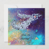DIAMOND FEATHERS, blaue Turquase goldfarbene Glitz Einladung (Vorderseite)