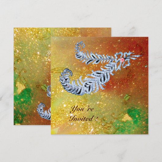 DIAMOND FEATHERS, braungelb-grüne Glitzern Einladung (Vorne/Hinten)