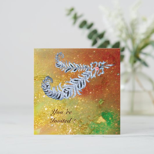 DIAMOND FEATHERS, braungelb-grüne Glitzern Einladung (Stehend Vorderseite)