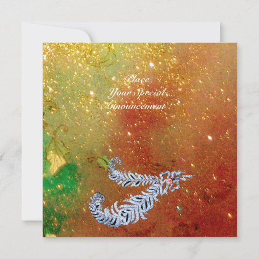 DIAMOND FEATHERS, braungelb-grüne Glitzern Einladung (Rückseite)