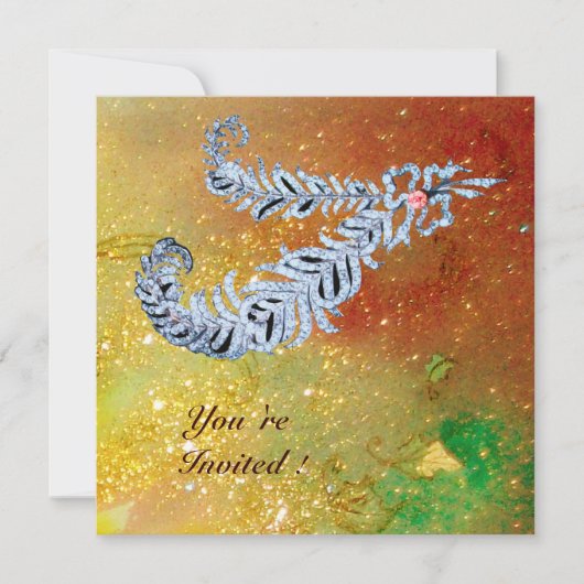 DIAMOND FEATHERS, braungelb-grüne Glitzern Einladung (Vorderseite)