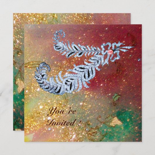 DIAMOND FEATHERS, braungelb-grüne Glitzern Einladung (Vorne/Hinten)