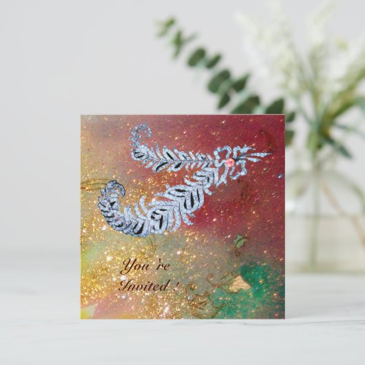 DIAMOND FEATHERS, braungelb-grüne Glitzern Einladung (Stehend Vorderseite)