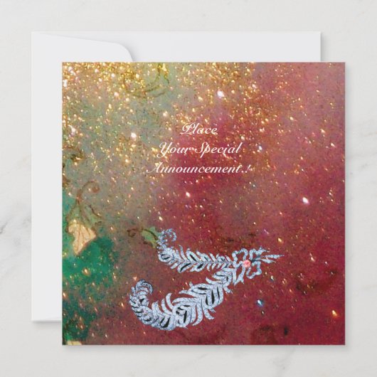 DIAMOND FEATHERS, braungelb-grüne Glitzern Einladung (Rückseite)