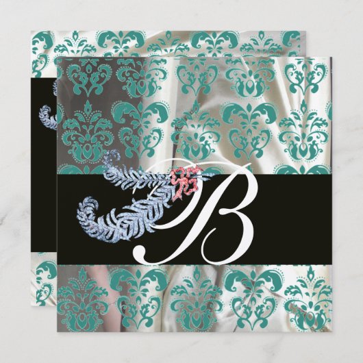 DIAMOND FEATHERS GOLD BLUE SILK DAMASK MONOGRAM EINLADUNG (Vorne/Hinten)