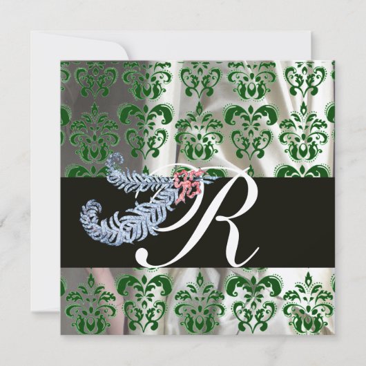 DIAMOND FEATHERS GREEN GOLD SILK DAMASK MONOGRAM EINLADUNG (Vorderseite)