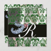 DIAMOND FEATHERS GREEN GOLD SILK DAMASK MONOGRAM EINLADUNG (Vorne/Hinten)