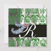 DIAMOND FEATHERS GREEN SILVER SILK DAMASK MONOGRAM EINLADUNG (Vorderseite)