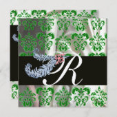 DIAMOND FEATHERS GREEN SILVER SILK DAMASK MONOGRAM EINLADUNG (Vorne/Hinten)