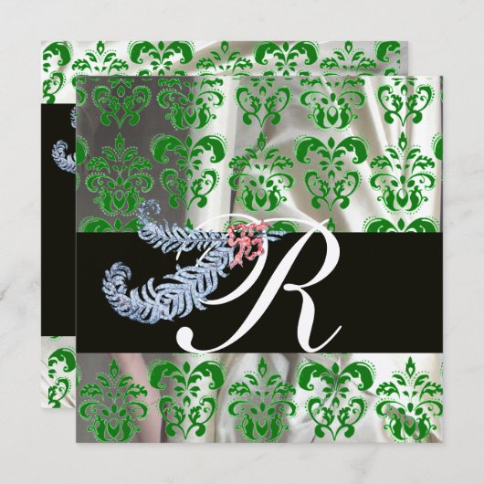 DIAMOND FEATHERS GREEN SILVER SILK DAMASK MONOGRAM EINLADUNG (Vorne/Hinten)