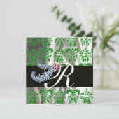 DIAMOND FEATHERS GREEN SILVER SILK DAMASK MONOGRAM EINLADUNG (Stehend Vorderseite)