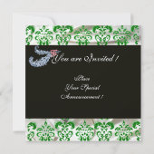 DIAMOND FEATHERS GREEN SILVER SILK DAMASK MONOGRAM EINLADUNG (Rückseite)