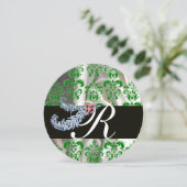 DIAMOND FEATHERS GREEN WHITE SILK DAMASK MONOGRAM EINLADUNG (Stehend Vorderseite)