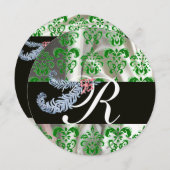 DIAMOND FEATHERS GREEN WHITE SILK DAMASK MONOGRAM EINLADUNG (Vorne/Hinten)
