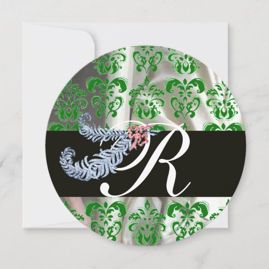 DIAMOND FEATHERS GREEN WHITE SILK DAMASK MONOGRAM EINLADUNG (Vorderseite)
