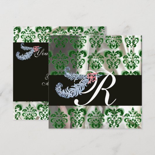 DIAMOND FEATHERS GREEN WHITE SILK DAMASK MONOGRAM EINLADUNG (Vorne/Hinten)