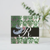 DIAMOND FEATHERS GREEN WHITE SILK DAMASK MONOGRAM EINLADUNG (Stehend Vorderseite)
