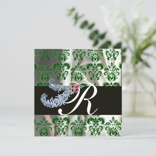 DIAMOND FEATHERS GREEN WHITE SILK DAMASK MONOGRAM EINLADUNG (Stehend Vorderseite)