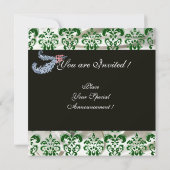 DIAMOND FEATHERS GREEN WHITE SILK DAMASK MONOGRAM EINLADUNG (Rückseite)