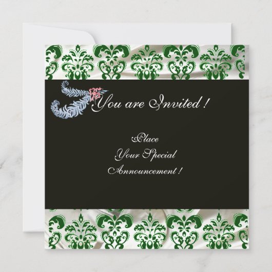 DIAMOND FEATHERS GREEN WHITE SILK DAMASK MONOGRAM EINLADUNG (Rückseite)
