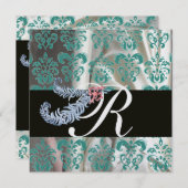 DIAMOND FEATHERS ICE BLUE SILK DAMASK MONOGRAM EINLADUNG (Vorne/Hinten)