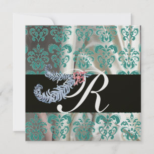 DIAMOND FEATHERS ICE BLUE SILK DAMASK MONOGRAM EINLADUNG