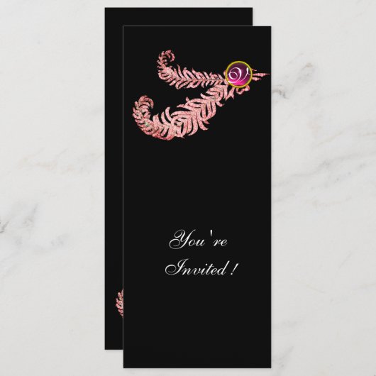 DIAMOND FEATHERS MONOGRAM, rote Ruby, rosa Einladung (Vorne/Hinten)