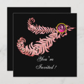 DIAMOND FEATHERS MONOGRAM, rote Ruby, rosa Einladung (Vorne/Hinten)