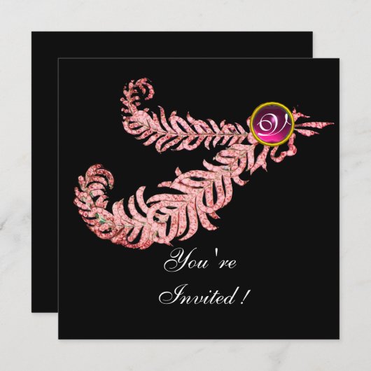 DIAMOND FEATHERS MONOGRAM, rote Ruby, rosa Einladung (Vorne/Hinten)