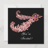 DIAMOND FEATHERS MONOGRAM, rote Ruby, rosa Einladung (Vorderseite)