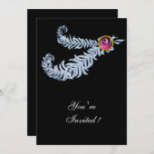 DIAMOND FEATHERS MONOGRAM, rote Ruby, rosa Einladung (Vorne/Hinten)