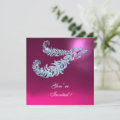 DIAMOND FEATHERS Pink Fuchsia Amethyst Champagne Einladung (Stehend Vorderseite)
