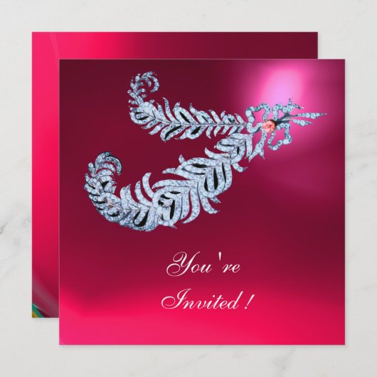 DIAMOND FEATHERS Pink Fuchsia Red Ruby Champagne Einladung (Vorne/Hinten)
