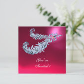 DIAMOND FEATHERS Pink Fuchsia Red Ruby Champagne Einladung (Stehend Vorderseite)