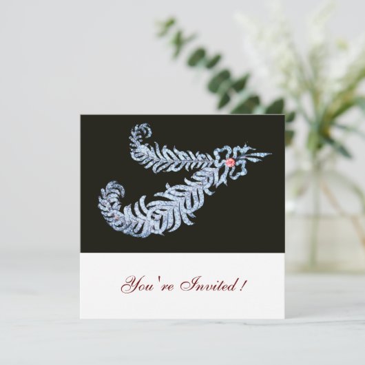 DIAMOND FEATHERS PINK GEM Schwarz-weiß Wedding Einladung (Stehend Vorderseite)