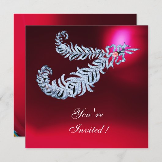 DIAMOND FEATHERS Red Burgundy Ruby Champagne Einladung (Vorne/Hinten)