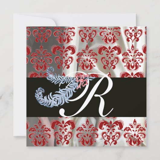 DIAMOND FEATHERS RED GOLD SILK DAMASK MONOGRAM EINLADUNG (Vorderseite)