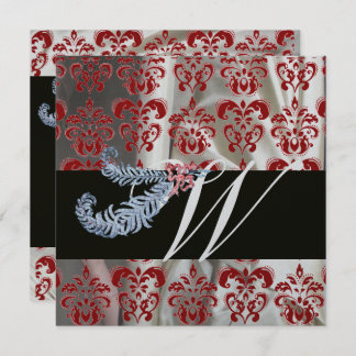 DIAMOND FEATHERS RED SILVER SILK DAMASK MONOGRAM EINLADUNG