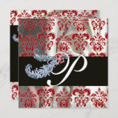 DIAMOND FEATHERS RED WHITE SILK DAMASK MONOGRAM EINLADUNG (Vorne/Hinten)