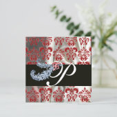 DIAMOND FEATHERS RED WHITE SILK DAMASK MONOGRAM EINLADUNG (Stehend Vorderseite)
